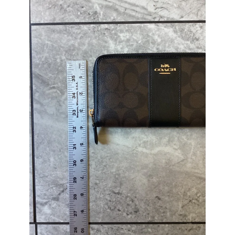 Coach Signature Canvas Accordion Zip Wallet Brown Black Gold Logo Long Clutch
